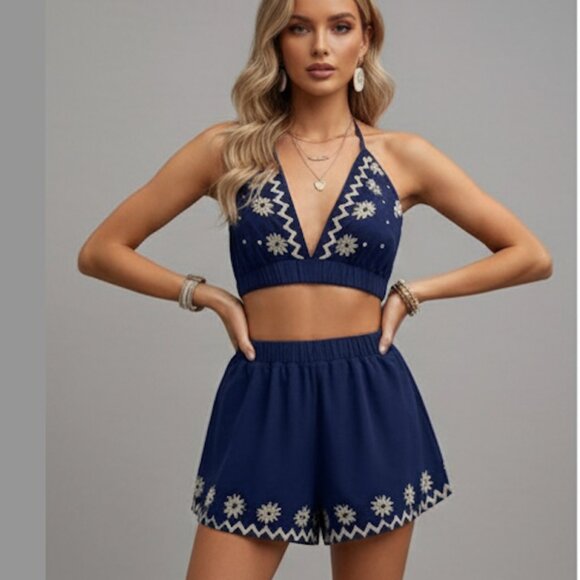 Pants - Floral Embroidery Crop Tank Top And Loose Shorts Set Blue